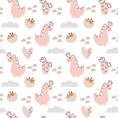 Hand drawn cute dinosaurs seamless pattern. Children pattern with girl dino, cactus, flowers for fashion clothes, shirt, fabric. Scandinavian kids design