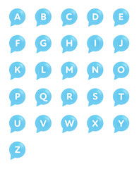 English alphabet on blue speech bubbles. English capital letters. Vector.