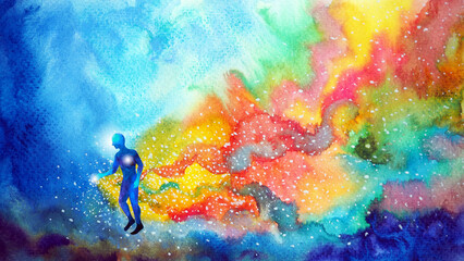 spirit human body walking inspiring rainbow way mind mental health soul spiritual imagine energy emotion connect universe abstract art watercolor painting fantasy digital collage illustration design - 513758107