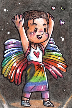 Chibi style illustration of a man wearing a rainbow flag and a pair of rainbow wings, while he raises his hands.
