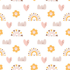 Cute vector baby girl seamless pattern with hand drawn heart, flower and rainbow cloud. Creative childish illustration background for fabric, textile