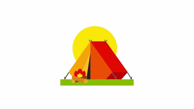 Cartoon tent camping travel camp fire sunrise 4k animation