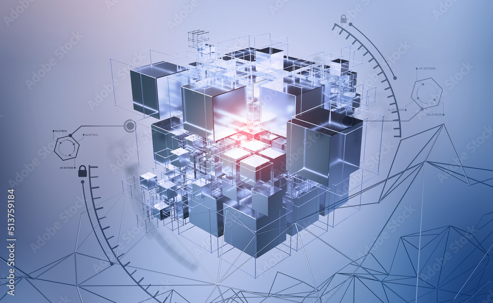 Poster Blockchain and World Internet. Global digital technology. 3D illustration of a cube and an array of data. Calculations and analytics of business risks