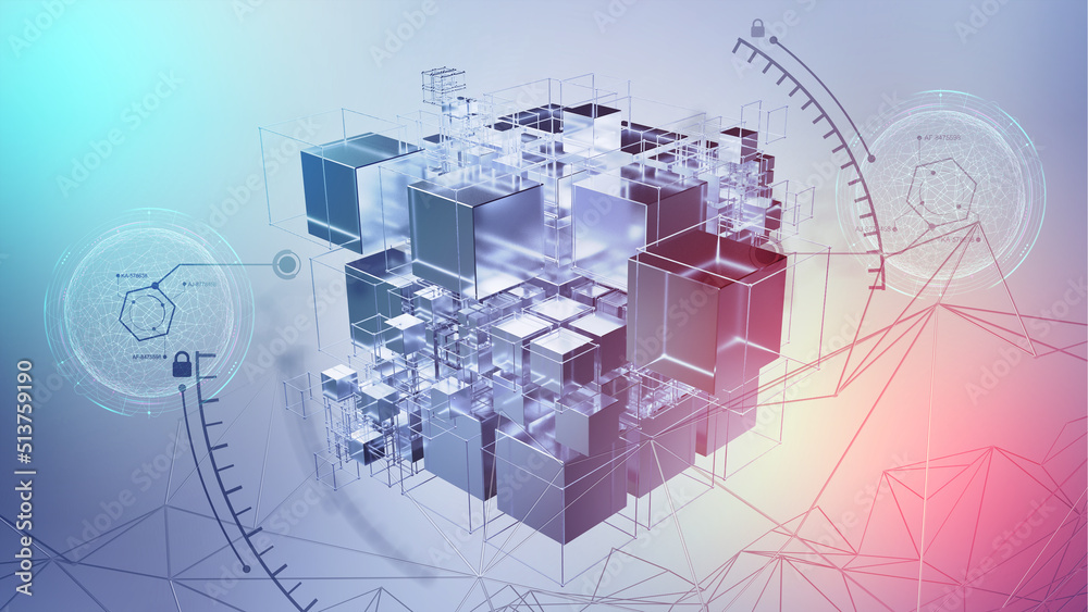 Poster Blockchain and World Internet. Global digital technology. 3D illustration of a cube and an array of data. Calculations and analytics of business risks