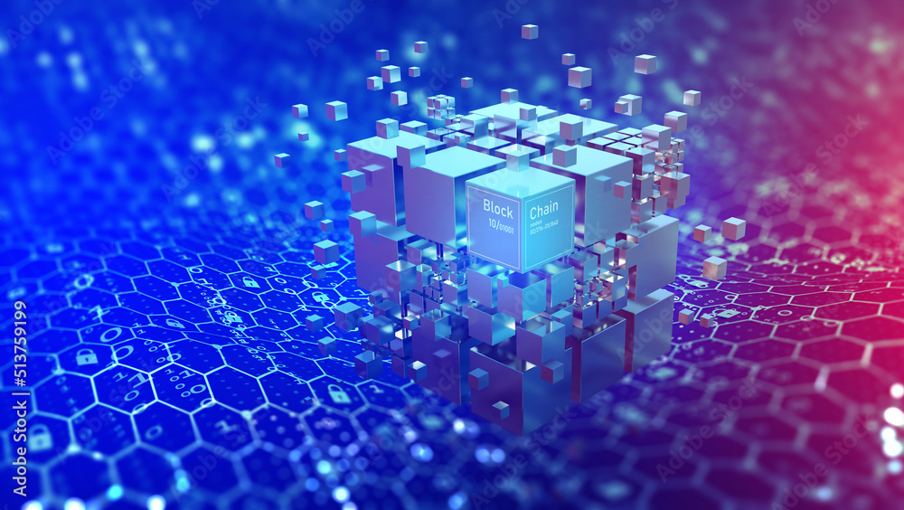 Poster Blockchain and World Internet. Global digital technology. 3D illustration of a cube and an array of data. Calculations and analytics of business risks