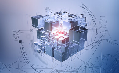 Blockchain and World Internet. Global digital technology. 3D illustration of a cube and an array of data. Calculations and analytics of business risks