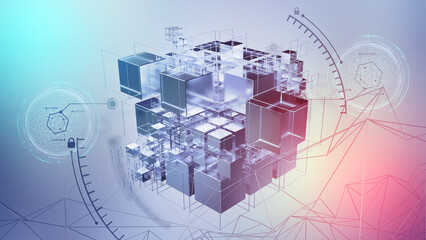Blockchain and World Internet. Global digital technology. 3D illustration of a cube and an array of data. Calculations and analytics of business risks