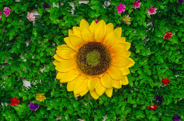 Obraz premium artificial sunflower on artificial green grass