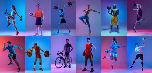 Sport collage of professional athletes on gradient multicolored neoned background. Concept of...