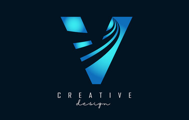 Creative letter V logo with leading lines and road concept design. Letter V with geometric design.