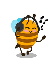 Vector illustration. Bee listens and dances to music from headphones. Design element isolated on white background
