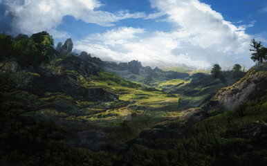 Fototapeta na wymiar Fantastic Epic Magical Landscape of Mountains. Summer nature. Mystic Valley, tundra, forest. Gaming assets. Celtic Medieval RPG background. Rocks and grass. Beautiful sky and clouds.