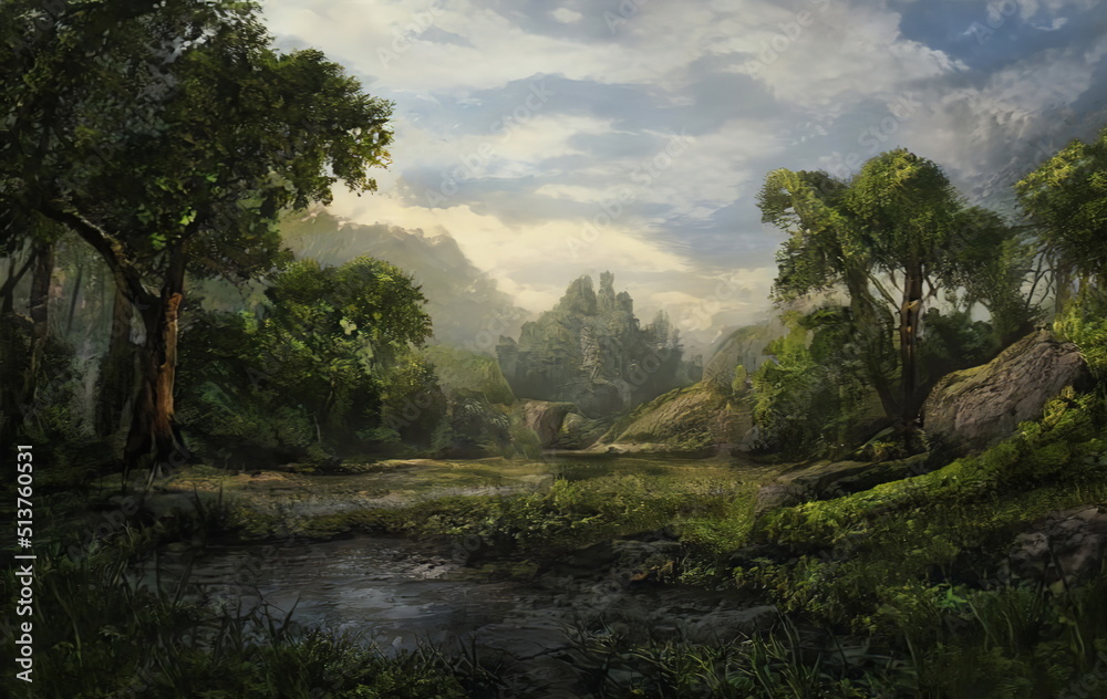 Wall mural fantastic epic magical landscape of mountains. summer nature. mystic valley, tundra, forest. gaming 