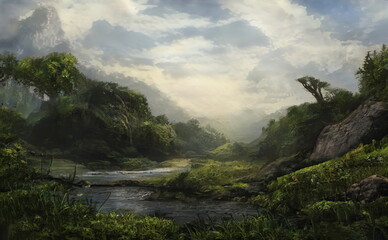 Fantastic Epic Magical Landscape of Mountains. Summer nature. Mystic Valley, tundra, forest. Gaming assets. Celtic Medieval RPG background. Rocks and grass. Beautiful sky and clouds. Lakes and rivers	