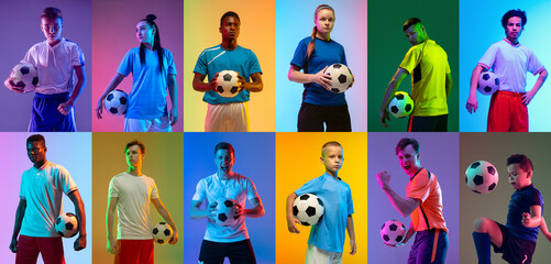 Group of professional sportsmen and kids with sport equipment isolated on multicolored background in neon light. Flyer. Advertising, sport life concept