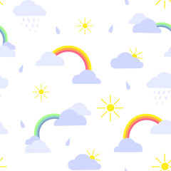 Rainbow, sun and clouds on a white background. Seamless vector pattern.