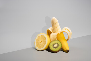 composition of fruit on a grey neutral background