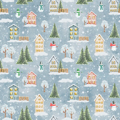 Watercolor Christmas pattern with winter houses, trees, snowmen and other christmas elements on blue snowy background.