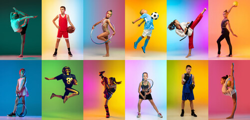 Group of professional sportsmen and kids with sport equipment isolated on multicolored background in neon light. Flyer. Advertising, sport life concept - obrazy, fototapety, plakaty