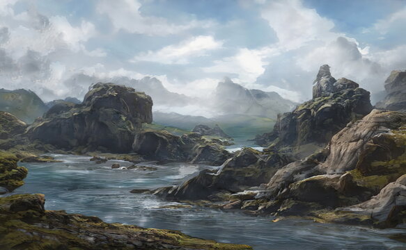  Fantastic Epic Magical Landscape of Mountains. Summer nature. Mystic Valley, tundra. Gaming assets. Celtic Medieval RPG background. Rocks and grass. Beautiful sky and clouds. Lakes and rivers