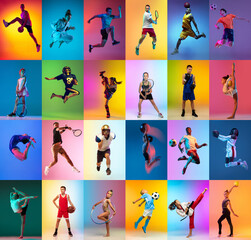 Set of images of different professional sportsmen and kids in action, motion isolated on multicolor...