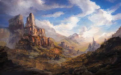 Fantastic Epic Magical Landscape of Mountains. Summer nature. Mystic Valley, tundra, forest. Gaming assets. Celtic Medieval RPG background. Rocks and canyon. Ruins of an old castle 