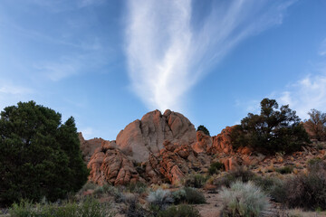 Dry rocky desert mountain landscape with trees. Sunny Sunset Sky. California, United States of America. Nature Background.