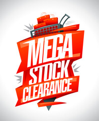Mega stock clearance, sale web banner or poster design template with shopping cart - obrazy, fototapety, plakaty