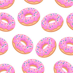 Seamless pattern of pink donuts on a white background.Vector confectionery pattern can be used in the menu of bakeries, cafes,textiles.