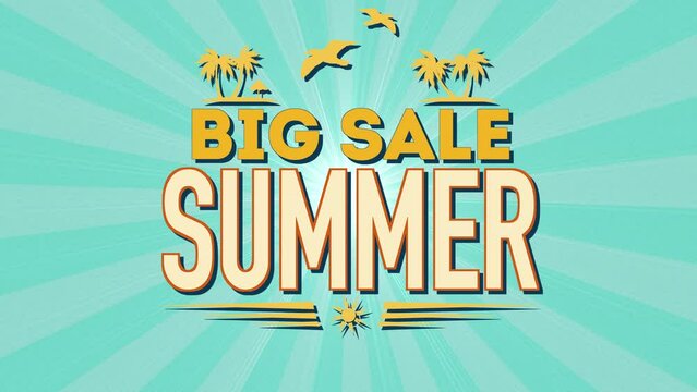 Summer Big Sale with fly birds and tropical palms, motion promotion, summer and retro style background