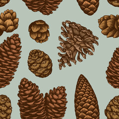 Mysterious forest seamless pattern background design. Engraved style. Hand drawn pine cones.