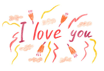Romantic illustration with I love you phrase colored with pencils