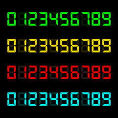 Zero to Nine digital electronic clock numbers set. LCD LED digit set for the counter, clock, calculator mockup in flat style design for website, app, UI, isolated on black background. Vector file.