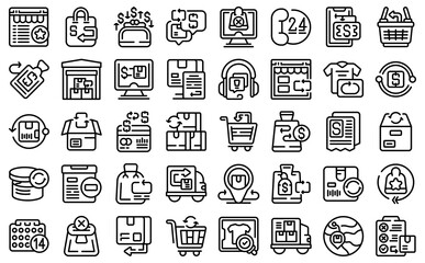 Purchase returns icons set outline vector. Shipping receive. Refund store - obrazy, fototapety, plakaty
