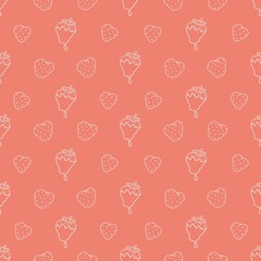 Fruity seamless pattern with cute hand drawn chocolate covered strawberries. White vector line objects on pink background. For wrapping paper, packaging, gift, fabric, wallpaper, textile, apparel.