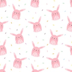Seamless vector pattern with cute hand drawn pink bunny and confetti. Lovely animal background for kids room decor, nursery art, card, gift, fabric, textile, wrapping paper, wallpaper, packaging.