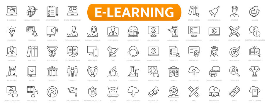 E-learning, online education icons set. 60 Electronic learning icons. Distance learning collection outline icons collection.