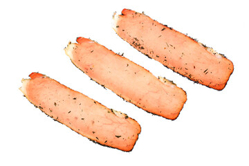 Three slices of Fillet Elena. Delicious traditional Bulgarian dry cured pork lion, isolated on white