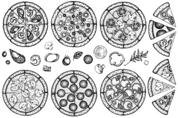 Pizza vintage vector illustrations collection. Black and white greek, margherita, pepperoni, veggie, ham and mushrooms and seafood pizzas.