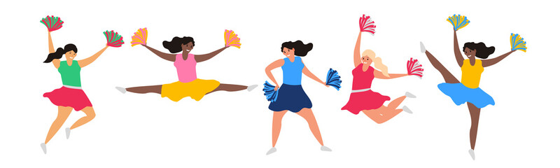 multiracial cheerleader women sport dancing with pom pom set vector illustration