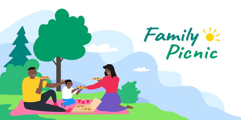 happy african american family summer outdoor picnic eat pizza vector illustration