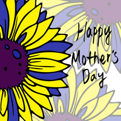 happy mother's day greeting card with yellow and blue flowers closeup and text, design