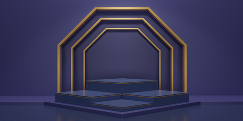 3D render dark blue cube podium with gold line texture in blue background. Blank display or clean room for showing products. Minimalist mockup for the podium with copy space for texts. 3D rendering.