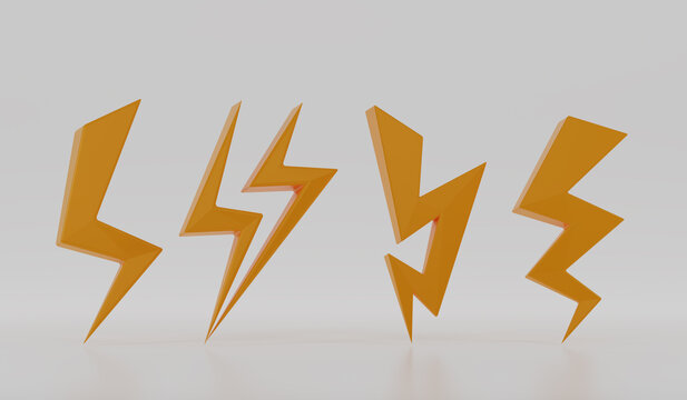 Thunder and Bolt Lighting Flash Icons Set isolate on white background. Yellow Thunder Symbol in 3D rendering.