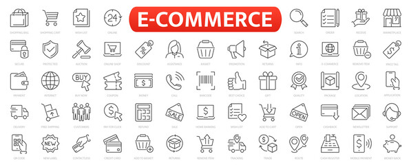 Fototapeta na wymiar E-Commerce line icons. 60 E-commerce, online shopping and delivery icon. Outline icons collection