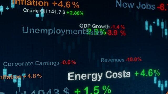 Stagflation, era economic depression. Rising high inflation, weak economy, corporate earnings drops, rising energy prices and increased unemployment rate lead into a stagflation scenario. 3D animation