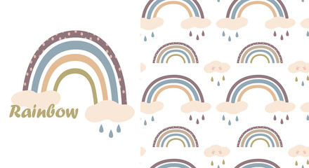 Cute vector drawing and seamless pattern with a rainbow and clouds on a white background. For printing on children's textiles and accessories.