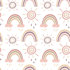 Cute vector seamless pattern with rainbow and sun on a white background.For printing on children's textiles and accessories.