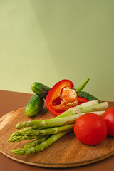 Vegetables lie on a wooden board: tomatoes, asparagus, cucumbers, red bell peppers. brown, light green background. place for text.