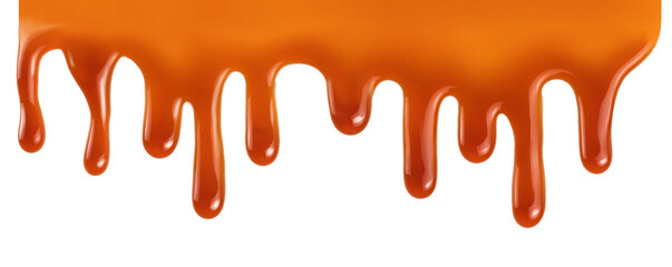Dripping caramel drops of sweet sauce isolated on white background. Melted caramel sauce - obrazy, fototapety, plakaty